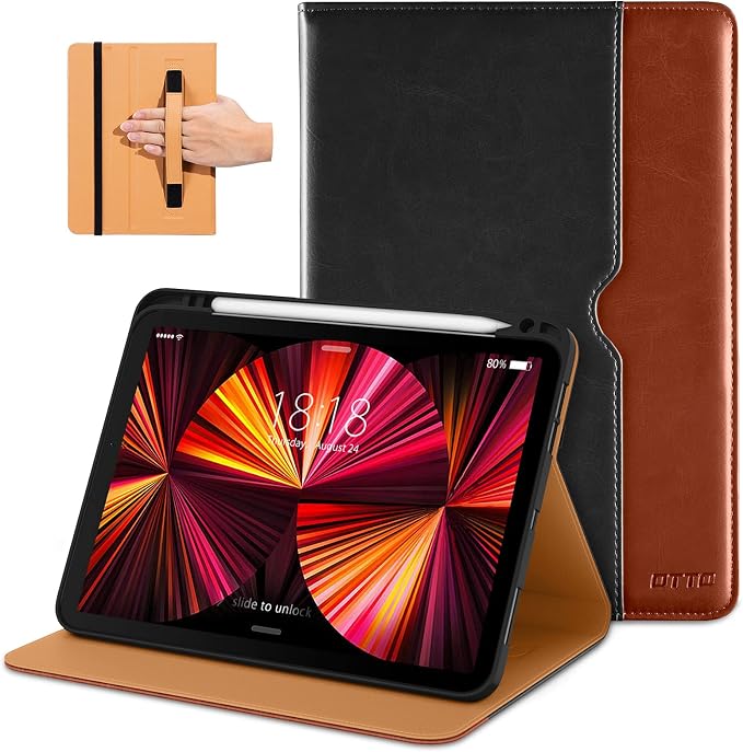 DTTO Case for iPad Pro 11 Inch 4th / 3rd / 2nd / 1st Generation 2022/2021/2020/2018Premium PU Leather Folio Stand Cover with Hand Strap Auto Wake/SleepMultiple Viewing Angles Black