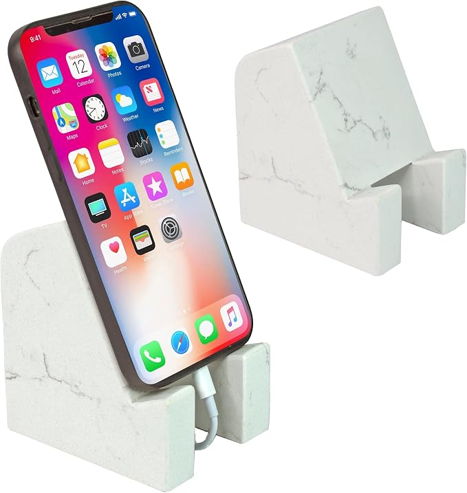 FLOWMAR Marble Phone Stand for Desk – Heavy Quartz Cell Phone Holder Luxury Black Marble Phone &amp Tablet Stand Stable Desk Phone Holder Case Friendly Charging Compatible