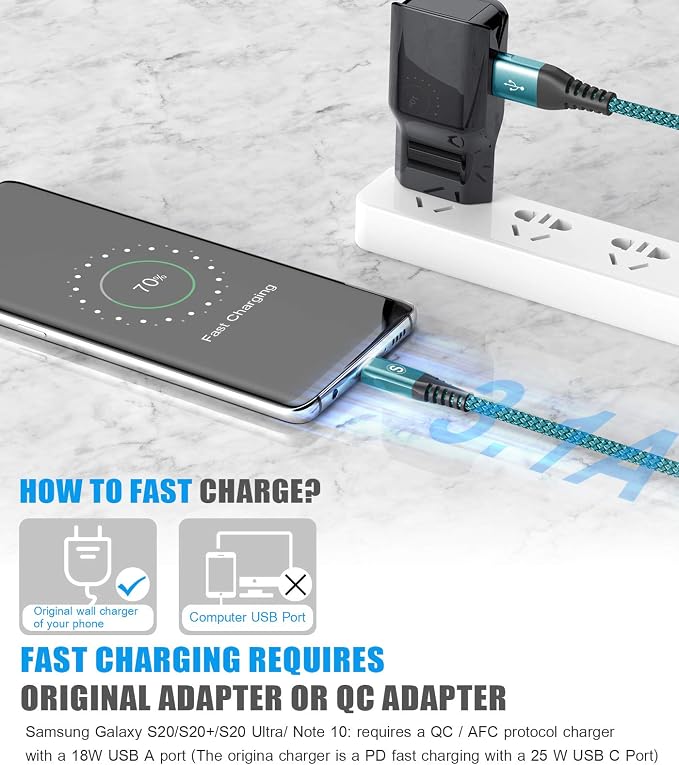 sweguard USB C Cable 3.1A Fast Charging [2-Pack3.3ft+3.3ft] USB-A to USB-C Charger Nylon Braided Cord for Samsung Galaxy S22 S21 S20 S10 S9 S8 Plus/FE Note 20 10 9 8 A71 A51 A32LGMotoPS5-Green