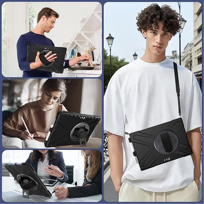 Case for Samsung Galaxy Tab S10 Lite/S10 FE/S9 FE/Tab S9/S8/S7 5G 10.9/11 Inch Heavy Duty Full-Body Shockproof Drop Protective Cover with 360° Rotating Handle Stand Hand/Shoulder Strap Black