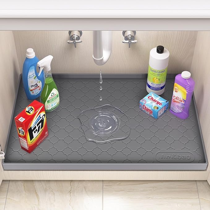Jin&Bao Waterproof Under Sink Mat 37" x 22", Thick Silicone Mat Cabinet Protector for Kitchen and Bathroom, Shelf Liner, Home Organizer and Storage, Multipurpose Tray for Gadgets and Essentials