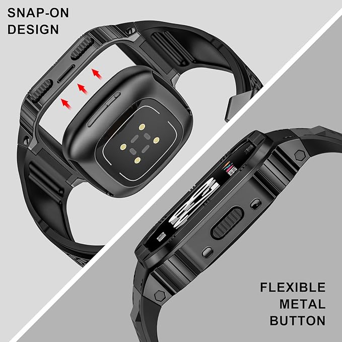 MioHHR Stainless Steel Case and Band Compatible with Fitbit Versa 4/3/2/Lite/Sense/Sense 2 Bands with Metal Case, Rugged Sports Protector Cover Silicone Wristbands for Men, Black