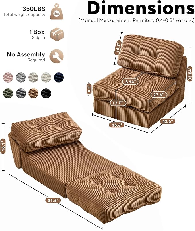 Tbfit Folding Sofa Bed, Convertible Sleeper Chair with Large Pillow, Corduroy Folding Couch Bed, Portable & Foldable Mattress Boneless Floor Sofa for Living Room, Bedroom, Office, Brown, Single