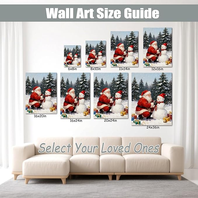 Vintage Santa Claus with Snowman Christmas Canvas Wall Art - Rustic Winter Scene Framed Print for Livingroom & Bedroom, Cozy Farmhouse Christmas Wall Art, Unique Christmas Gifts & Festive Decorations