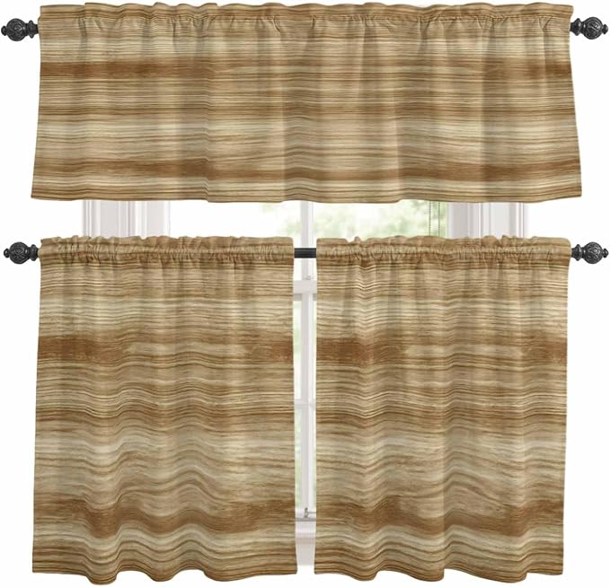 Kitchen Curtains Tiers and Valance Set of 3, Light Brown Wood Grain Light
