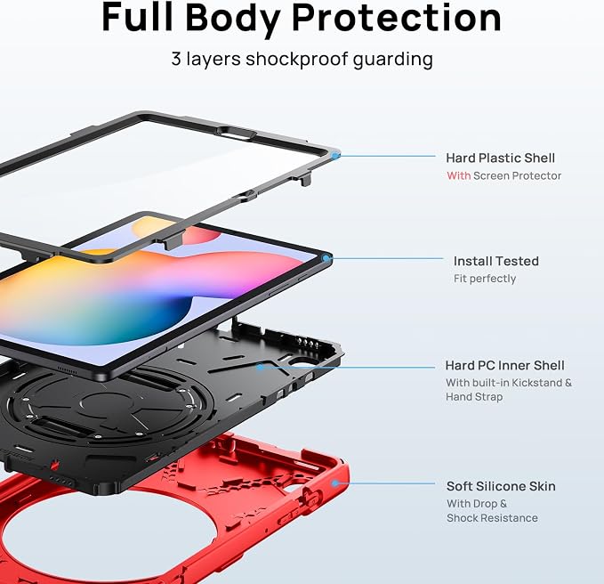 Gerutek Case for Samsung Galaxy Tab S10 FE+/ S10 FE Plus 2025 13.1 Inch Full-Body Drop Protective Case with Screen Protector Pen Holder 360° Rotate Hand Strap &amp StandShoulder Strap Black