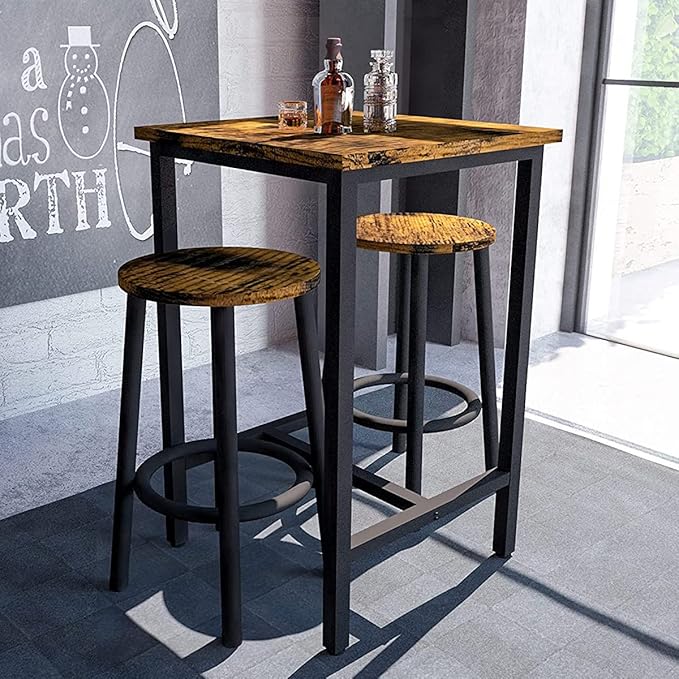 Recaceik 3 Piece Pub Dining Set, Modern bar Table and Stools for 2 Kitchen Counter Height Wood Top Bistro Easy Assemble for Breakfast Nook Living Room Small Space Restaurant, Rustic Brown 24