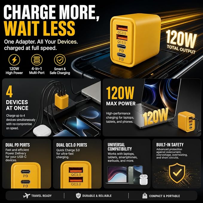 120W Dual USB &amp Dual Type-C Fast Charger C Chargers Fast Charging 4 Foot 4 in 1 Fast Charging Cable &amp Data Sync Dual Ports Adapter for Gaming Office Travel (1set)