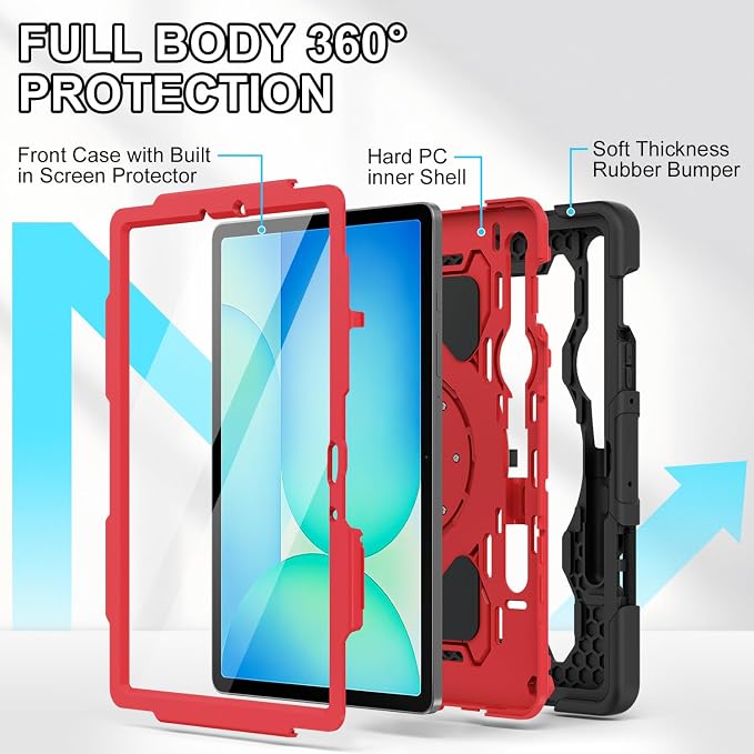 Galaxy Tab S10 Lite/S10 FE/S9 FE 5G/S9 Case 10.9/11 inch | with Screen Protector 360° Rotating Kickstand Hand/Shoulder Strap Heavy Duty Shockproof Cover S Pen Holder Kids Friendly