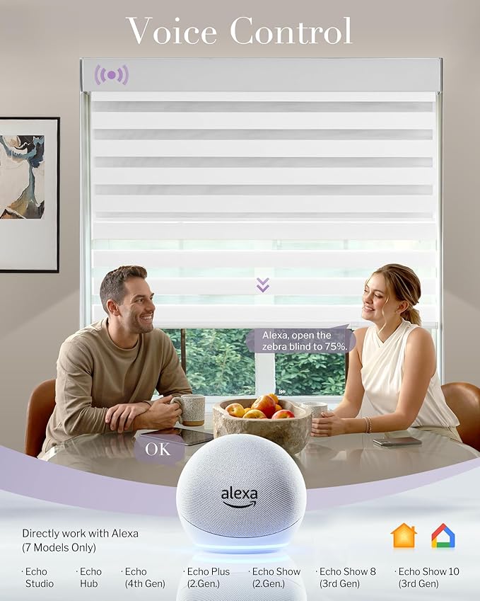 Graywind Smart Dual Shades Compatible with Alexa Google Homepod Motorized Double Zebra Blinds Matter Solar Powered, Custom Size (White)