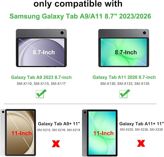 for Samsung Galaxy Tab A9/A11 8.7-Inch 2023/2025 Case.【NO A9+ Plus】 360 Rotating Stand Shoulder Strap Heavy Duty Shockproof Protective Silicone Case (Black)