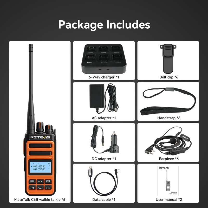 Retevis MateTalk C6B GMRS 2 Way Radio Long Range,Heavy Duty Walkie Talkies with Earpieces,Shock/Drop Resistant,1500mAh,Fast Charging,NOAA,Dual Watch,High Performance,Rugged Radios for Jobsite(6 Pack)