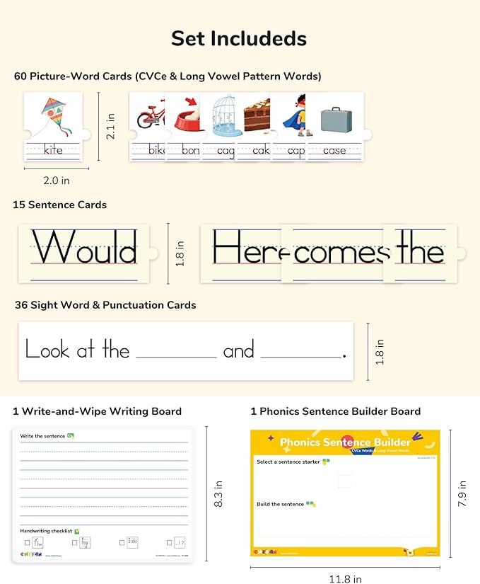 Phonics Sentence Builder for Kids – CVCE & Long Vowel Word Games, Silent E Phonics Reading & Writing Activity, Kindergarten & Preschool Classroom Must Haves
