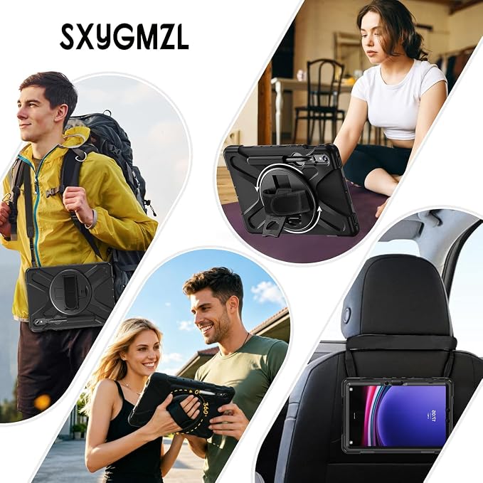 Case for Samsung Galaxy Tab S10 Lite/S10 FE/S9 FE/Tab S9/S8/S7 5G 10.9/11 Inch Heavy Duty Full-Body Shockproof Drop Protective Cover with 360° Rotating Handle Stand Hand/Shoulder Strap Black