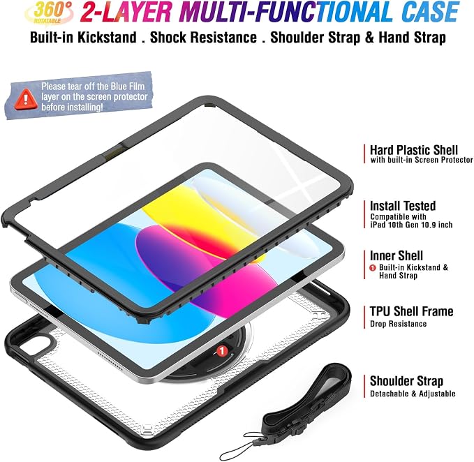 Case Compatible with iPad (A16) 11th 2025/10th Gen 2022 | Built-in Screen Protector Pen Holder Heavy Duty Shockproof Rugged Protective Case W/Handle Shoulder Strap