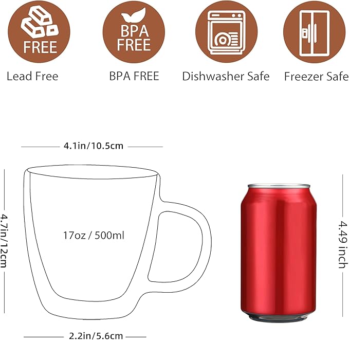 CNGLASS Large Double Wall Glass Coffee Mug 17 oz,Insulated Glass Coffee Cups with Handle,Set of 2