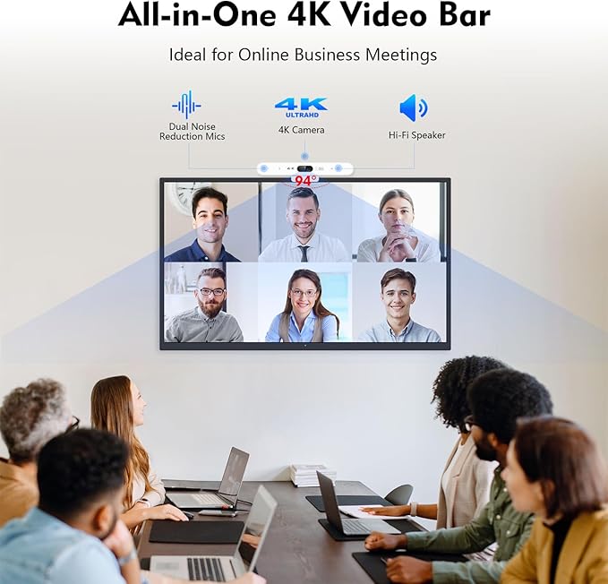 TOALLIN 4K Conference Room Webcam with Mic and Speaker, Ai Auto-Framing & Voice-Tracking, USB Video Bar, All-in-One Video Conference Camera for Online Meetings, Video Calls