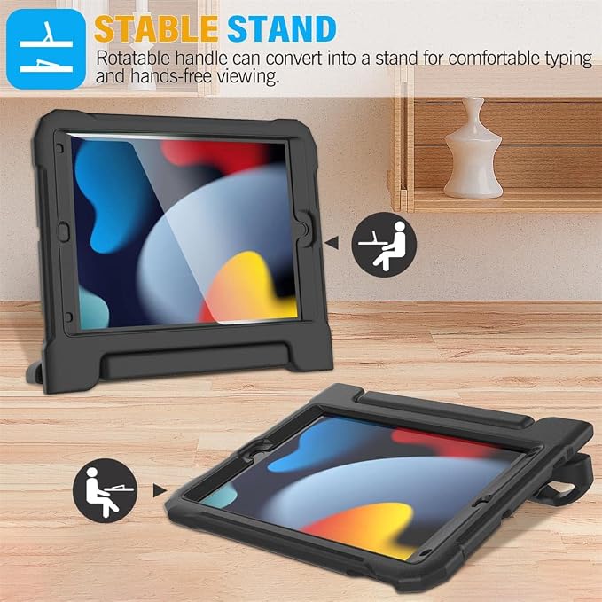 SUPLIK Kids Case for iPad 9th/8th/7th Generation -10.2 inch 2021/2020/2019 Built with Screen Protector Durable Shockproof Handle Stand Case for Apple iPad Gen 9/8/7 Black