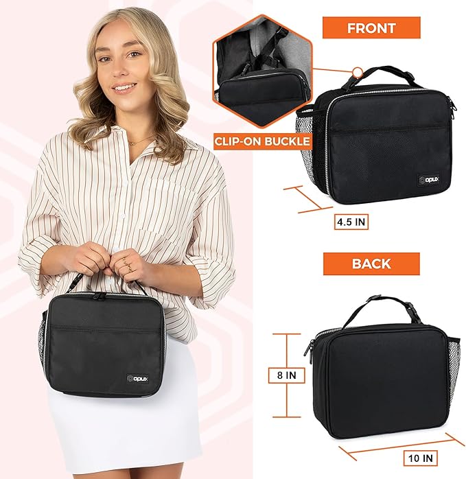 opux Insulated Lunch Bag Kids, Lunch Box for School Boy Girl, Leakproof Small Reusable Compact Soft Mini Cooler Bag, Toddler Small Lunch Boxes Kit Pail with Front Side Pockets (Black)