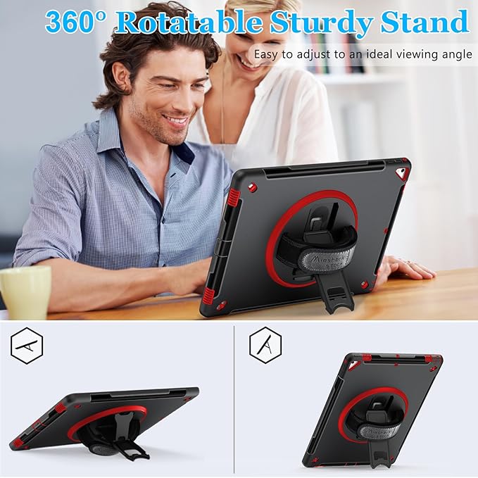 iPad Pro 12.9 Case 2nd Generation 2017 & 2015 1st Generation, Heavy Duty Rugged TPU Protective Cover with Screen Protector- Stand + Handle Hand & Shoulder Strap + Pencil Holder- Red+Black
