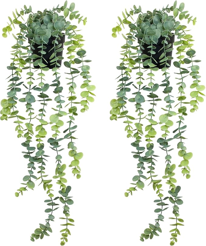 LOYWREE 2 Pack Fake Hanging Plants Artificial Eucalyptus Small Potted Long Vine Plant for Indoor and Outdoor Shelves, Walls, Rooms, Homes, Offices, and Gardens Decor (Black Pot)