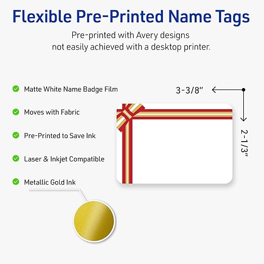 Avery Printable Christmas Adhesive Name Badges, Rectangle, 2-1/3" x 3-3/8", Pre-Printed Red & Metallic Gold Gift Bow Design, Matte White, Laser & Inkjet Compatible, 80 Total