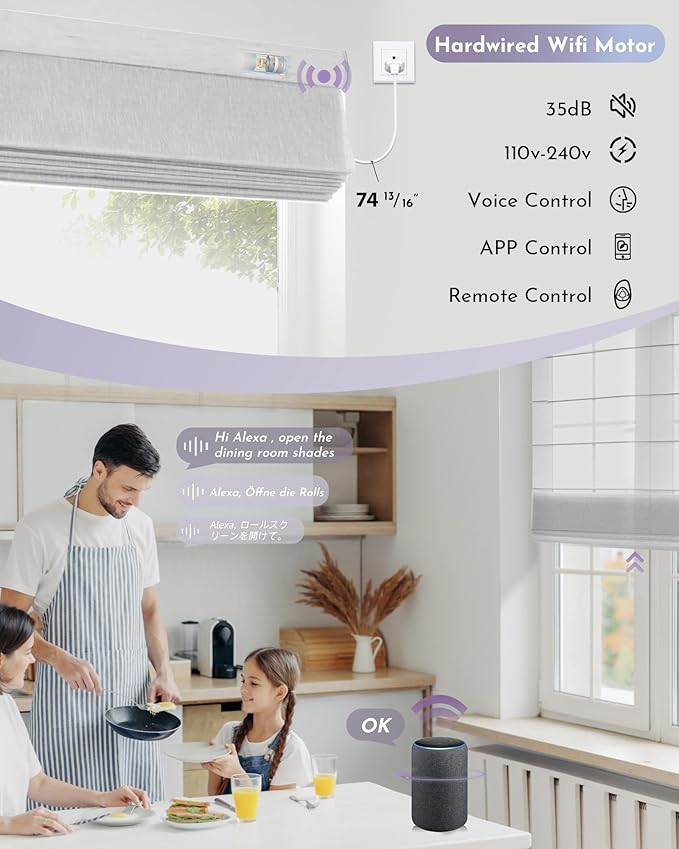 Graywind Smart Roman Shades Compatible with Alexa Google WiFi Hardwired Automatic Blind Remote Light Filtering Plain Fold Soft Roman Window Shades for Windows Doors, Custom Size (Matelasse Grey)