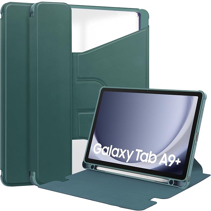 Tablet Case for Samsung Galaxy TAB A9+/A9 Plus with S Pen Holder 360° Swiveling Stand Shockproof Cover with Clear Transparent Back Shell Auto Wake/Sleep (Black Galaxy Tab A9 Plus)