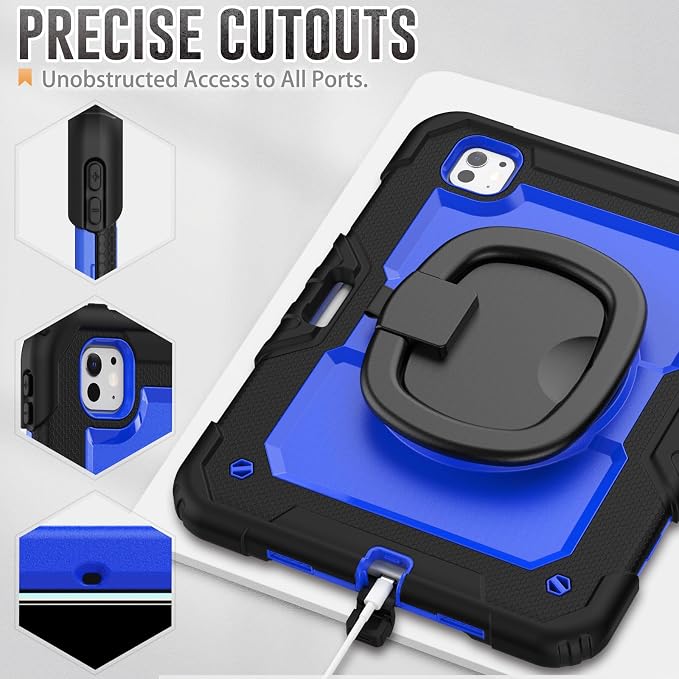 for iPad Pro 11 inch Protective Case M5 2025/M4 2024: Heavy Duty Shockproof Case with Pencil Holder - 360°Rotating Handle/Stand - Screen Protector - Shoulder Strap Black/Sky Blue