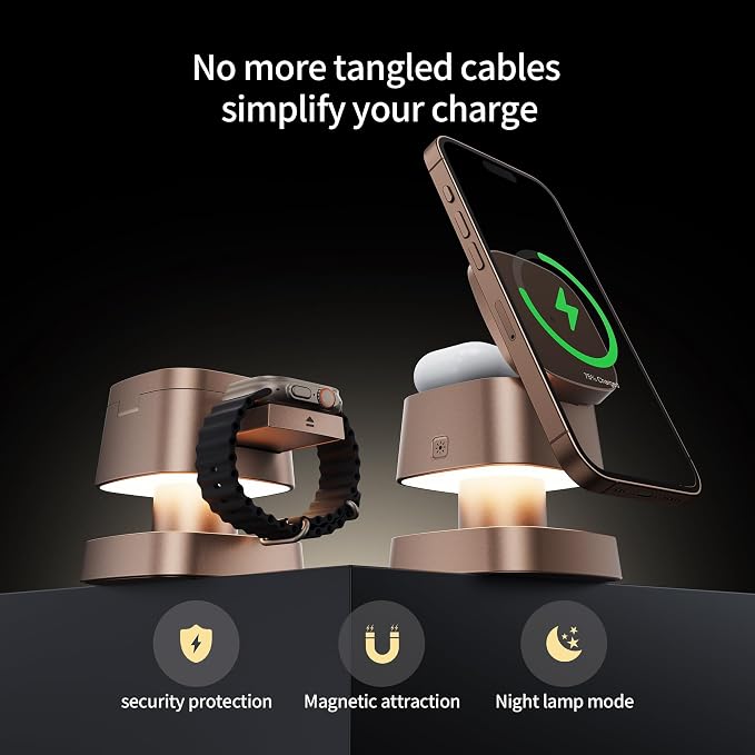 4 in 1 Magnetic Wireless Charging Station15W Fast Charging with Night Light for MagSafe Charger Stand3 in 1 Wireless Charger for iPhone 17/16/15/14/13 Pro MaxApple Watch &amp AirPodsSand Gold