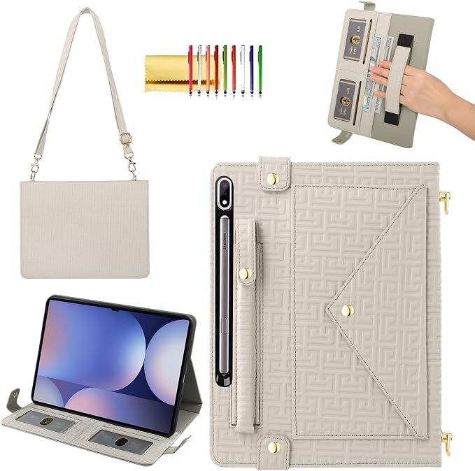 Handbag Case for Samsung Galaxy Tab S10 FE/S9 FE 10.9/S9/S8/S7 11 Techcircle Folio Stand Crossbody Wallet Protective Cover with S Pen Holder &amp Card Slots Hand Strap &amp Shoulder Strap Black