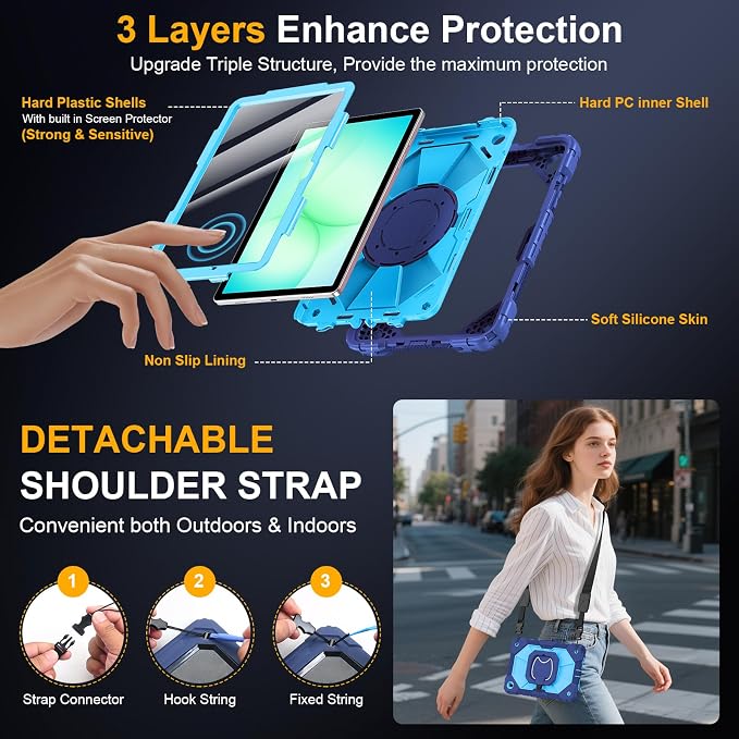 Case for Samsung Galaxy Tab A9 Plus 11 Inch 2023 Ubearkk Rugged Case for Samsung Galaxy A9+ Tablet SM-X210/X216/X218 with Screen Protector 360 Rotating Stand Shoulder Strap Pen Holder Black