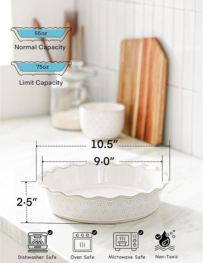 MIKIGEY Deep Pie Dish for Baking, Ceramic Pie Pan for Apple Pie, Tart, Quiche Baking Dish, Farmhouse Decor Pie Plate, Deep Dish Pie Pan, Oven Safe, Off-White, Flower