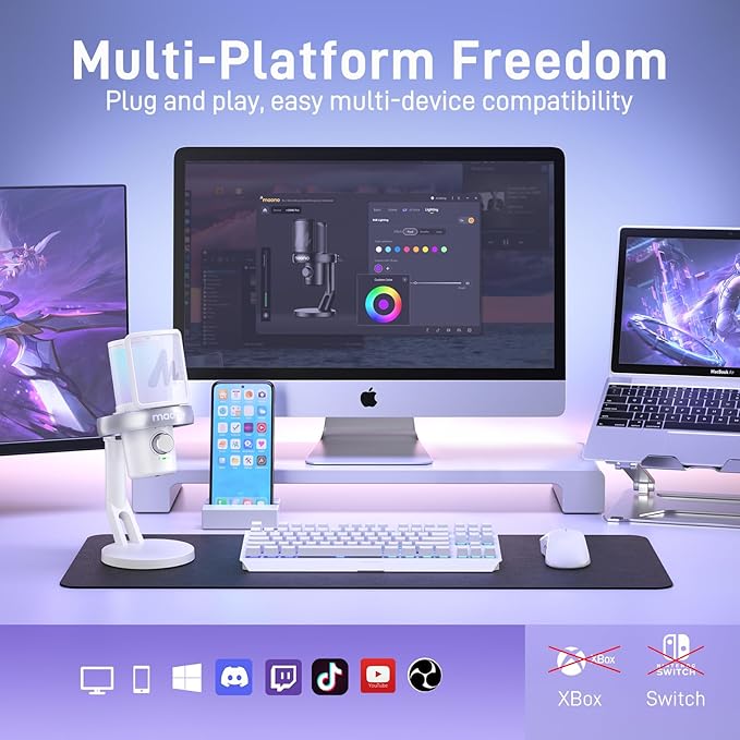 MAONO Wireless Microphone for PC, Condenser USB Mic with Software AI Voice Change,3-Level Noise Cancellation,Custom EQ, RGB Gaming Streaming Mic for Podcast PS5 PS4 Twitch YouTube (DM40 Pro-White)