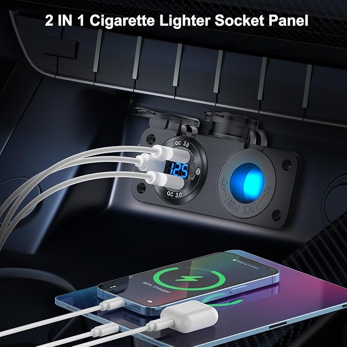12V USB Outlet Marine Switch Panel Plug, PD3.0 and Dual QC3.0 USB Ports Aluminum Car Charger with LED Voltmeter Power Switch, Lighted 150W Cigarette Lighter Socket 2 in 1 DIY Kit for Boat RV ATV, etc.