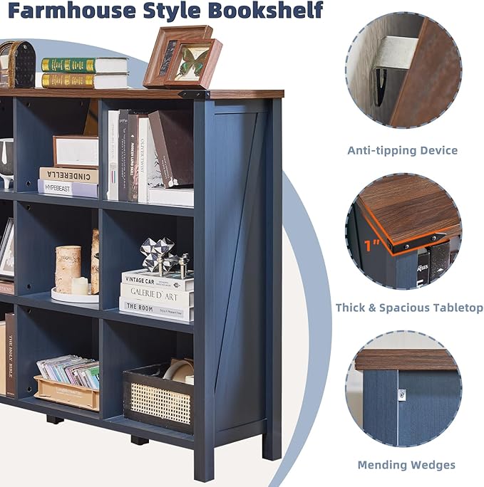 9 Cube Bookcase, Farmhouse 47 Inch Wide Navy Blue Bookshelf, Wooden 3 Tier Display Large Open Book Shelf, Vintage Horizontal Book Case for Home Office, Cubby Storage Cabinet for Living Room