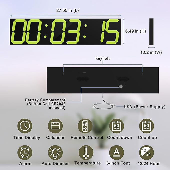 CHKOSDA Digital Wall Clock, Oversize Digital Clock with Auto Dimmer, Huge Countdown Timer with Remote Control, 27" Wide Led Display, 6 Digits, Wall Mount, Date and Temperature（Yellow）