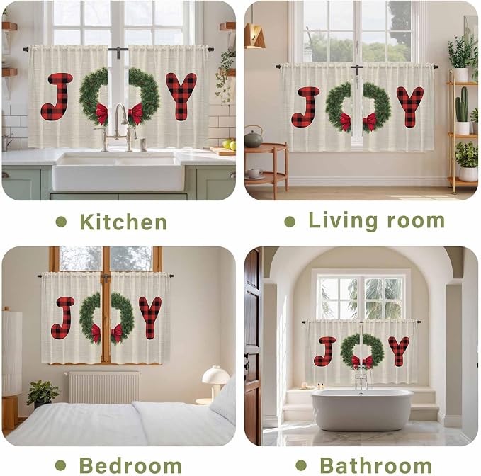 Red Green Christmas Kitchen Tier Curtains 45 Inch Long 2 Panel Set, Rod Pocket