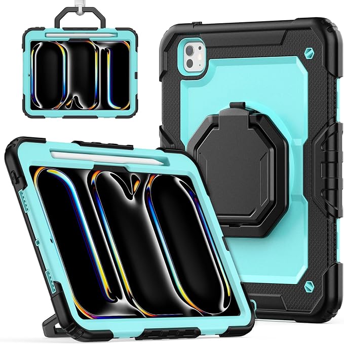 for iPad Pro 11 inch Protective Case M5 2025/M4 2024: Heavy Duty Shockproof Case with Pencil Holder - 360°Rotating Handle/Stand - Screen Protector - Shoulder Strap Black/Sky Blue
