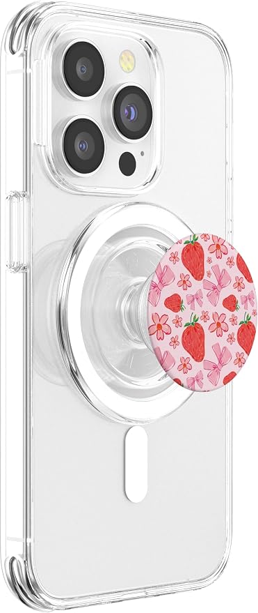 Cute Pink Strawberry Bow Pattern Girly Aesthetic Flower PopSockets Adhesive PopGrip