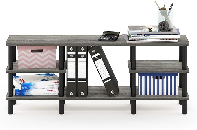 Furinno Turn-N-Tube 3-Tier Multipurpose Wide Shelf TV Stand, French Oak Grey/Black