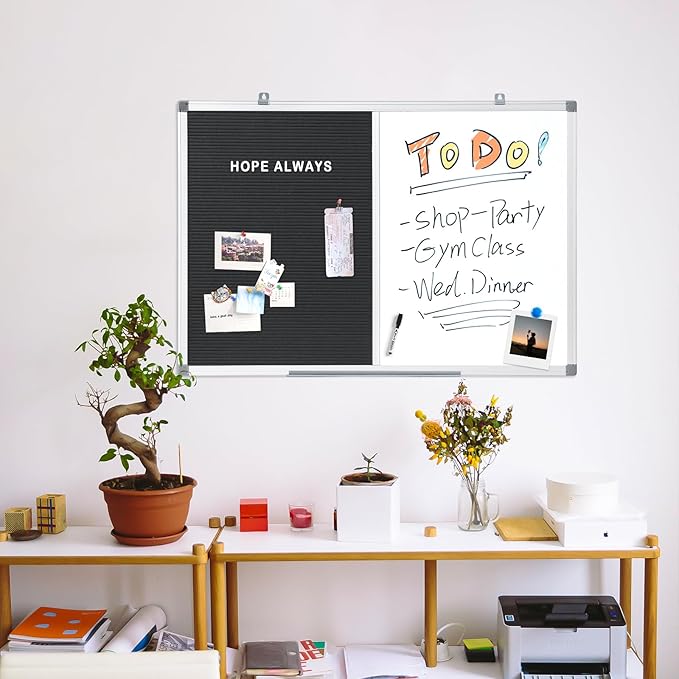 S SWANCROWN Magnetic Dry Erase & Felt Board Combo - Changeable Letter Felt Board for School, Office, Home - Aluminum Frame, 36x24 inch