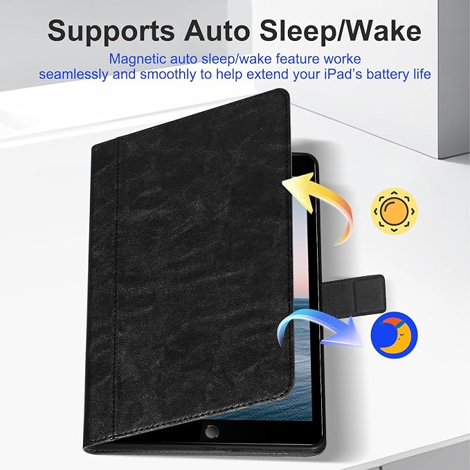 Leather Case for iPad 9th/8th/7th Gen 10.2 Inch (2021/2020/2019) | Premium Leather Folio Cover with Magnetic Closure Adjustable Stand Auto Sleep/Wake shockproof Protective CaseBlack