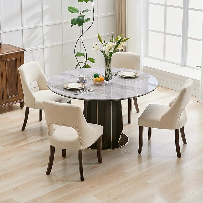 UVV Wooden Dining Chairs Set of 2, Mid Century Modern Fabric Upholstered Dining Room Chair Kitchen Chairs, Farmhouse Dinner Chair with Solid Wood Legs for Kitchen Dining Room, Beige