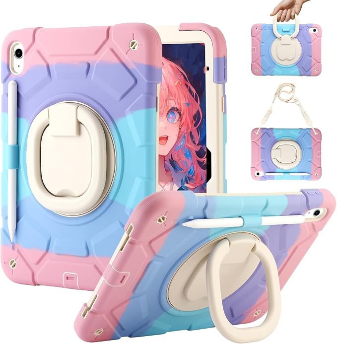 for iPad (A16) 11th Generation case 11''(2025)/10th Generation case 10.9''(2022)360°Rotatable Stand with [Pencil Holder&ampShoulder Strap] Heavy Duty Shockproof Protective Silicone Case (Black)