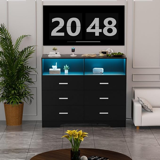 Dresser with Power Outlets and LED Lights Wooden 6 Drawer Dresser with Large Organizer Tall Black Drawer for Bedroom Modern Chest of Drawers Closet for Living Room Kids Room