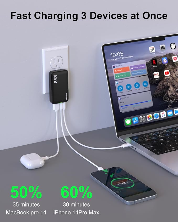 3-Port Flat USB C Wall Charger 30W Max Type-C Fast Charging Block | Dual USB-C 1 USB-A PD 25W Fast Charging Slim Body Foldable Plug for IPad Pro Tablets iPhone 17/16/15 Series Galaxy