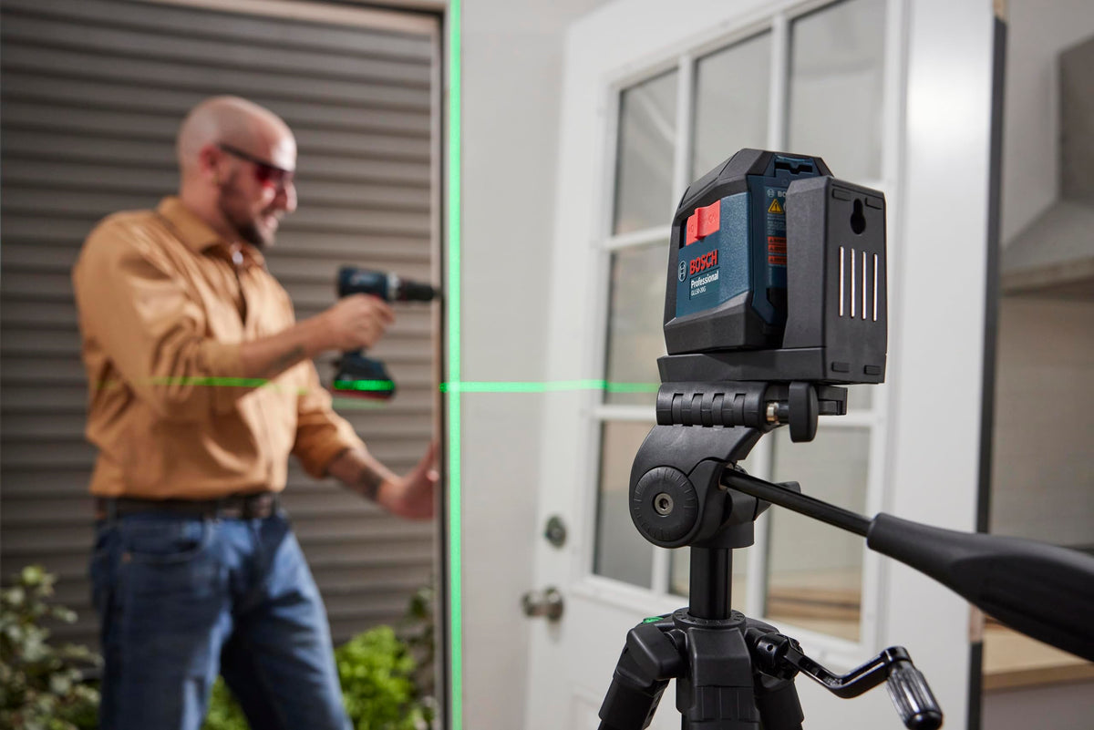 BOSCH GLL50-20G 50 Ft Green-Beam Self-Leveling Cross-Line Laser, Includes Integrated Magnetic Mount, 2 AA Batteries, & Soft Pouch