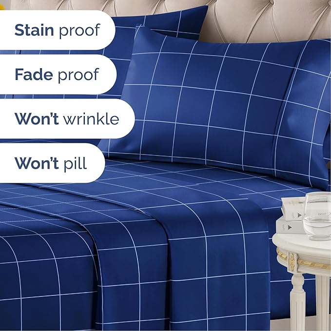 CGK Unlimited Blue Grid Bed Sheet Set – 1 Flat & 1 Fitted Sheet & 2 Pillowcases w/Deep Pockets – Wrinkle & Fade Resistant - Soft, Breathable & Cooling – Checkered Grid Bed Set, Seasons - Full Size
