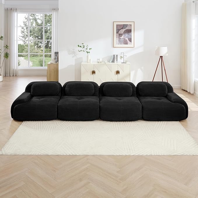 152" Modern Corduroy Cloud Sofa, Boneless Modular Large Sectional Couches for Living Room, Black 4 Seater Compressed Memory Foam Couch, Extra Deep Seat, No Assembly